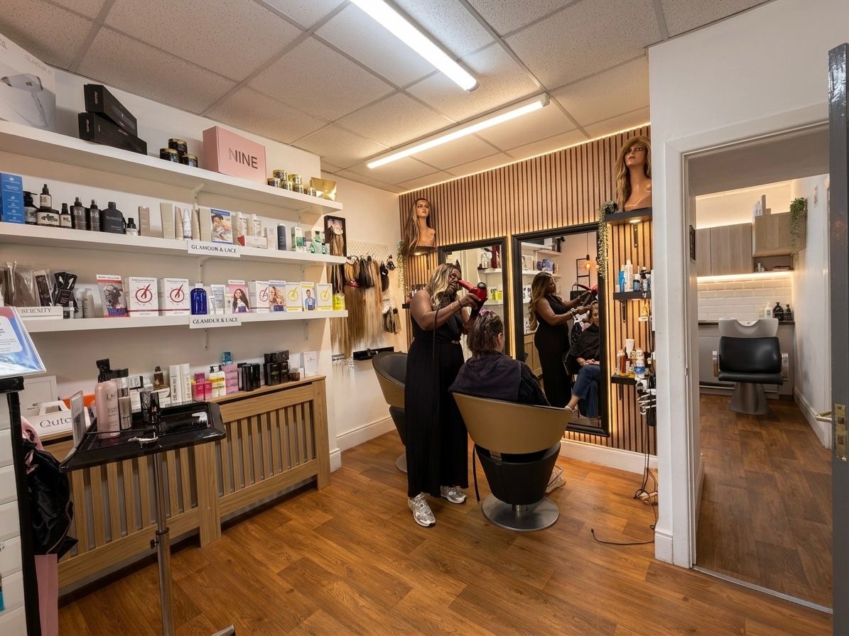 The Tess Hair and Scalp Clinic salon floor: product shelves, styling chairs, mirrors and the treatment room beyond